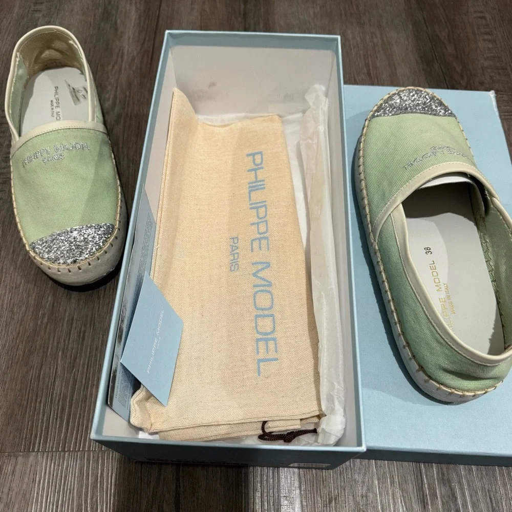 Philippe Model Marseille Low Canvas Glitter Detail Green Espadrille Flats